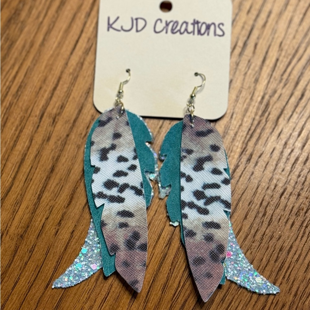 Animal print turquoise and glitter Feather Earrings